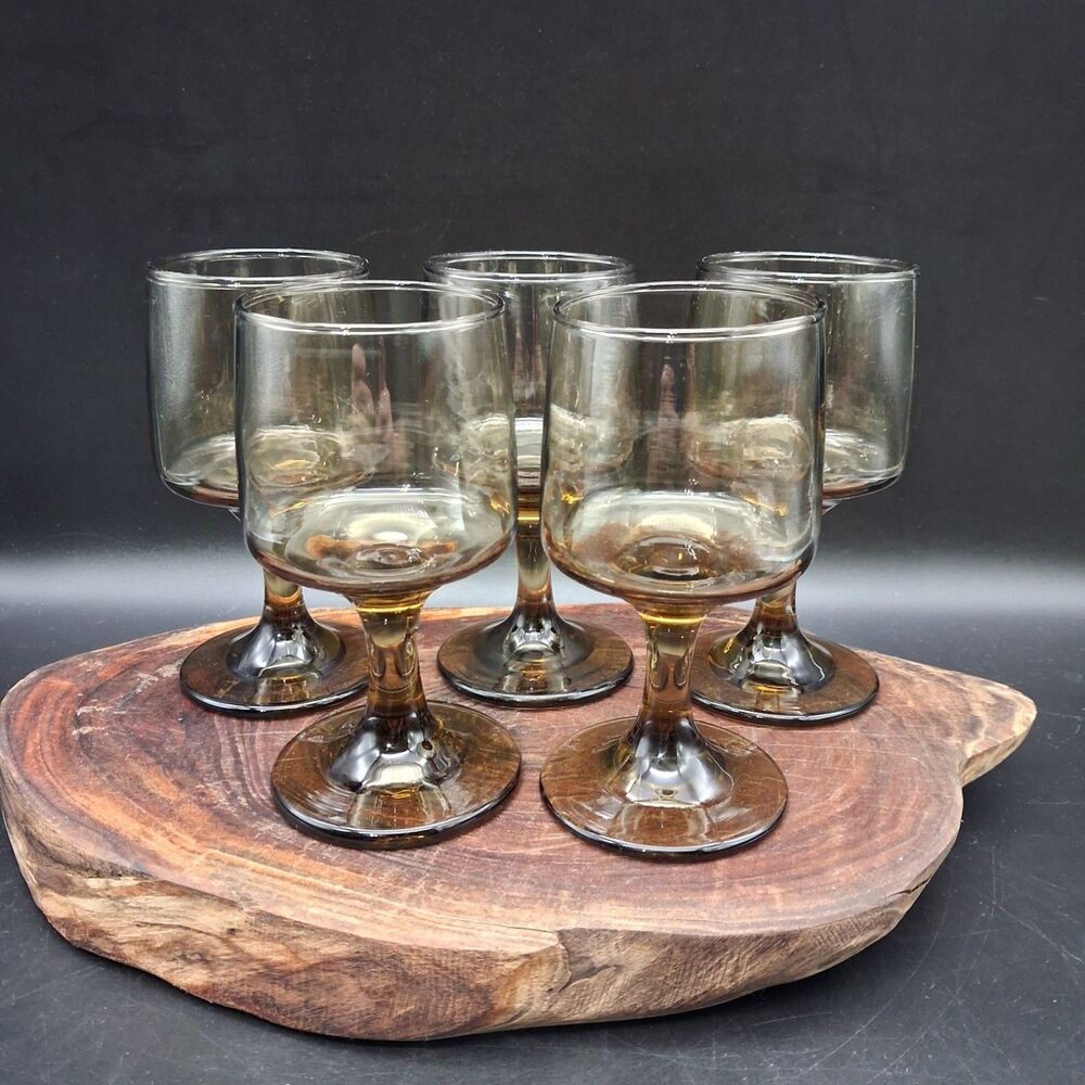 Vintage Libbey Tawny Accent Stemmed Wine Glasses Set of 5 Amber Brown Glass MCM
